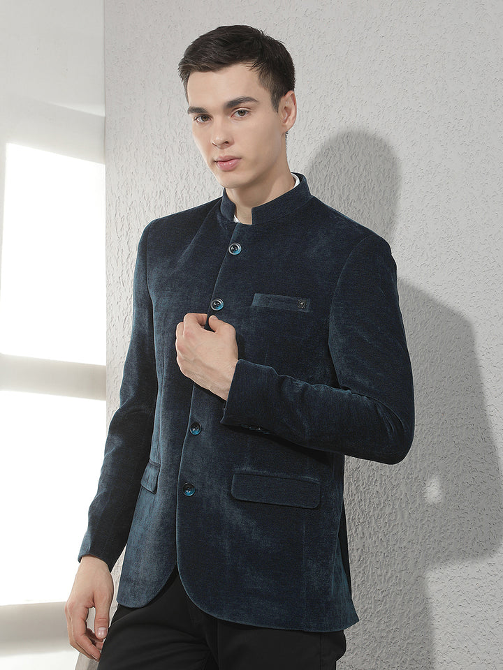 Navy Blue Mandarin Neck Blazer