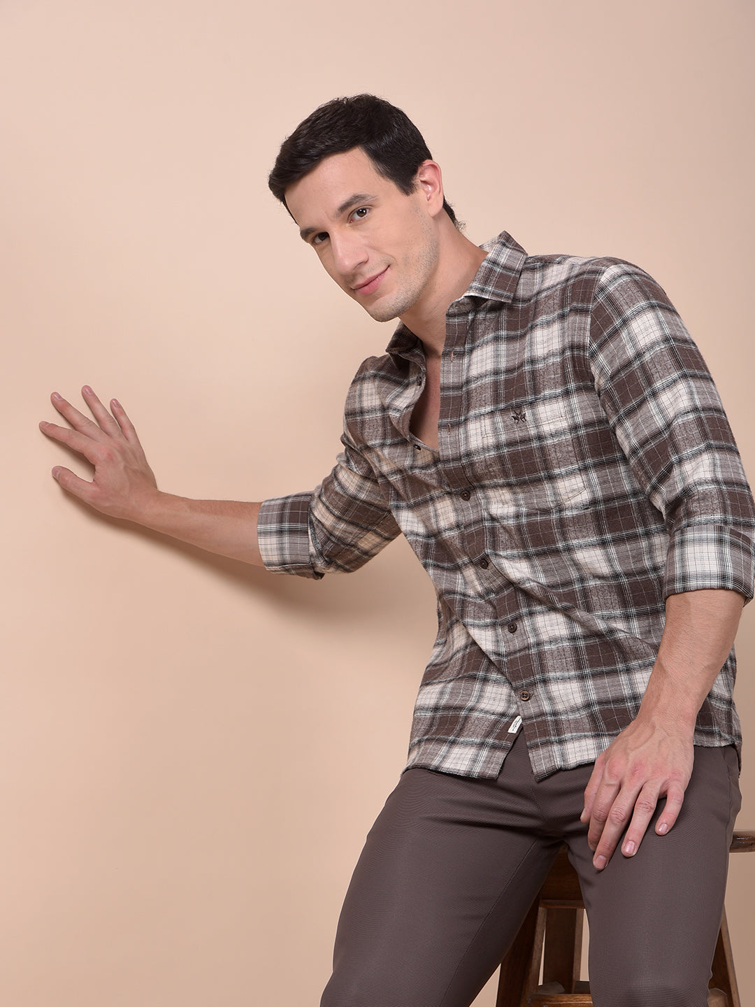 Brown Checked 100% Cotton Shirt