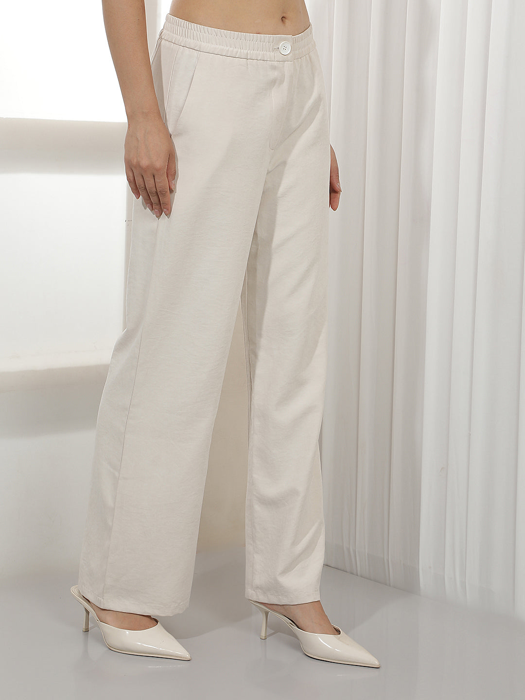 Cream Wide Leg Casual Trousers