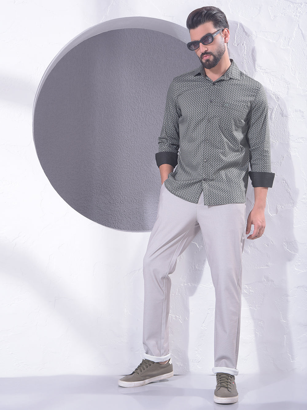 Beige Printed Knitted Trousers