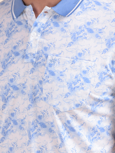 Blue Floral Print Polo Neck T-Shirt