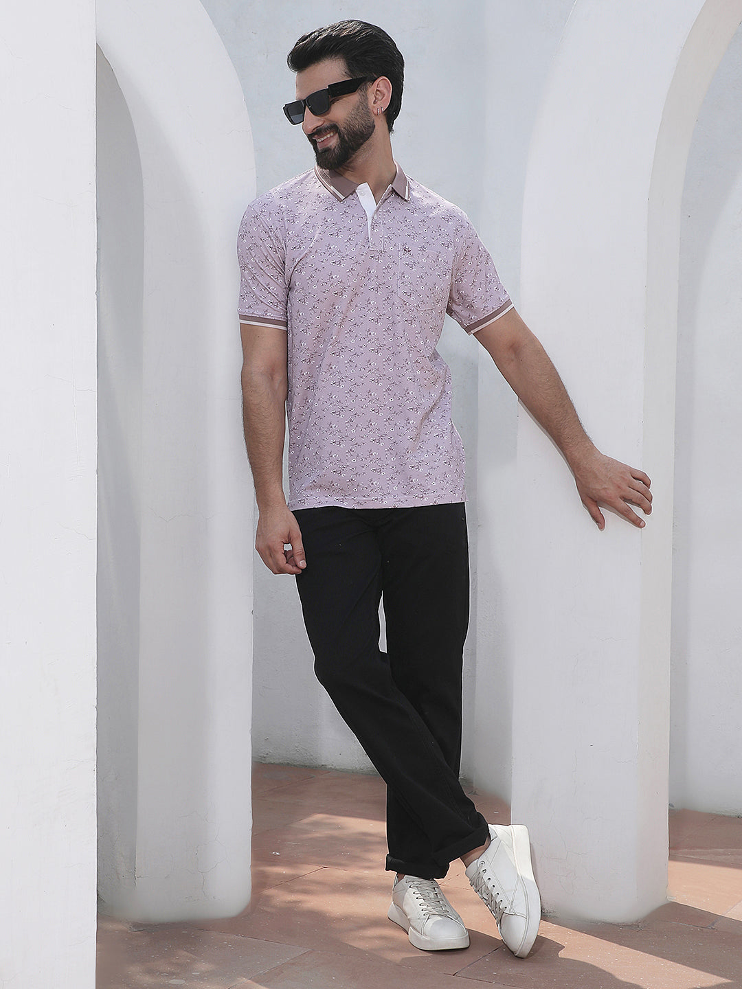 Purple Floral Print Polo Neck T-Shirt