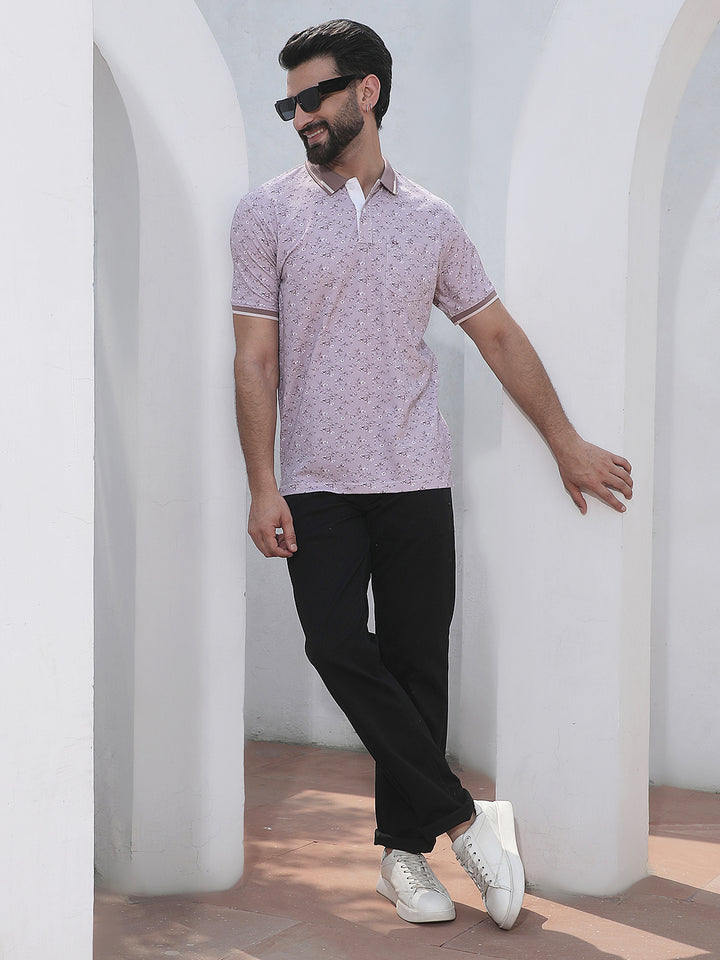 Purple Floral Print Polo Neck T-Shirt