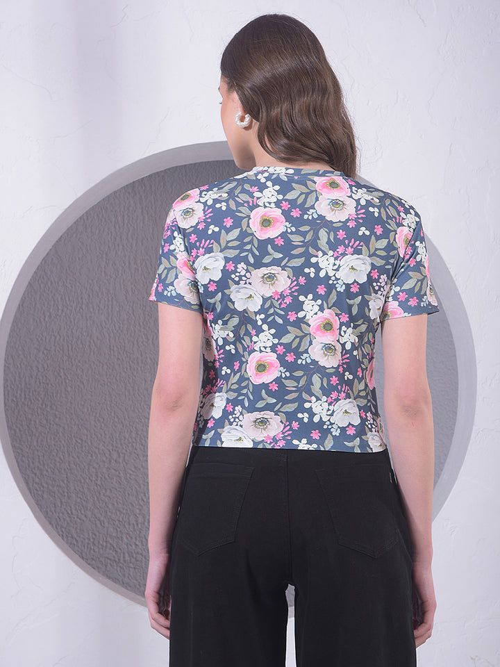 Navy Blue Floral Print Crop T-Shirt-Women T-shirts-Crimsoune Club