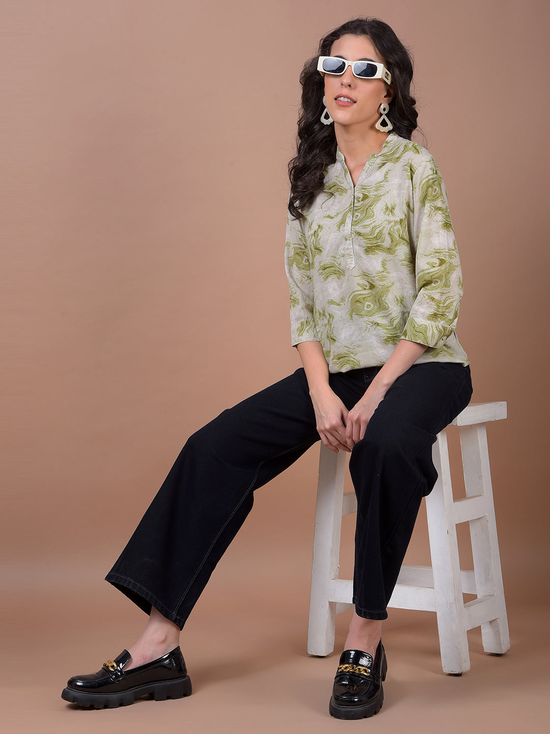 Green Printed V-Neck Linen Top