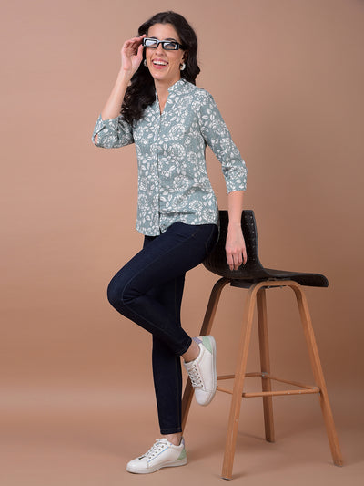 Green Floral Print 100% Cotton V-Neck Shirt