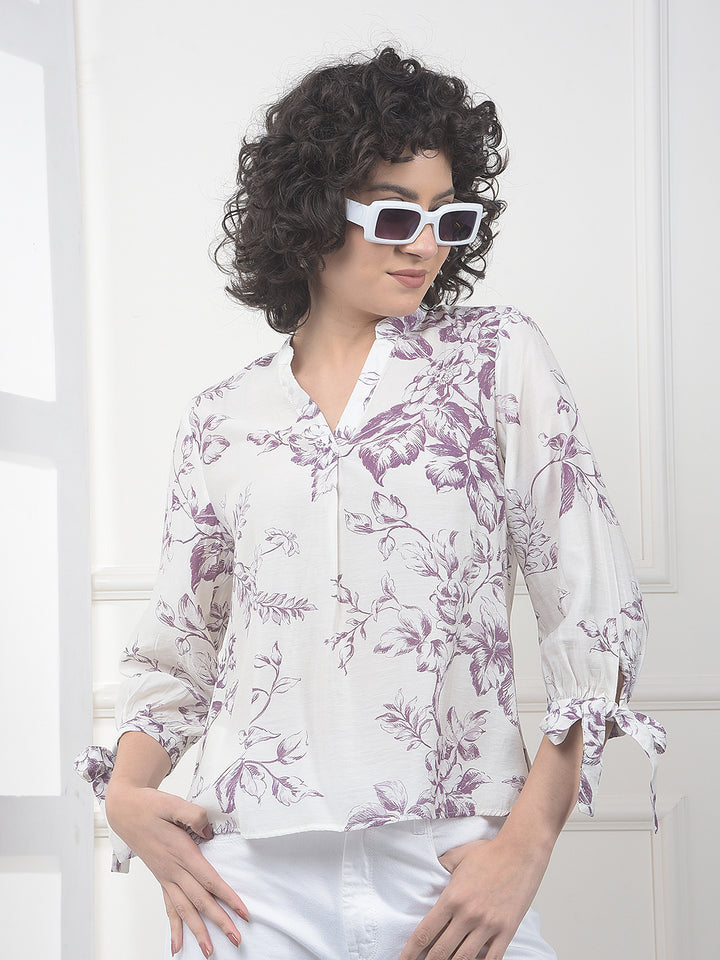 Purple Floral Print V-Neck Top