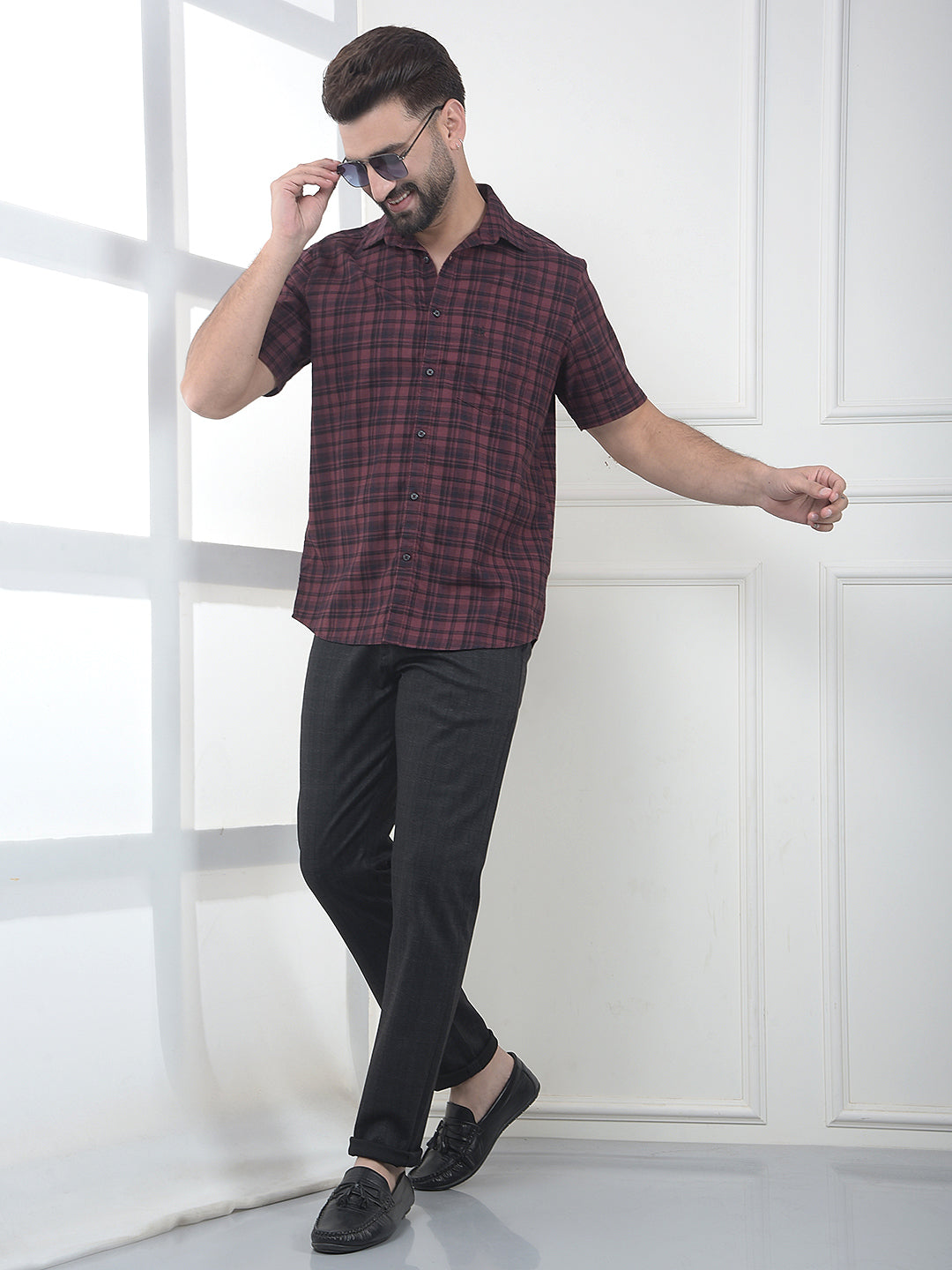 Taupe Maroon Checked 100% Cotton Shirt