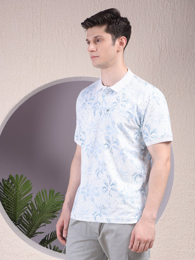 Blue Floral Print Polo-Neck T-Shirt