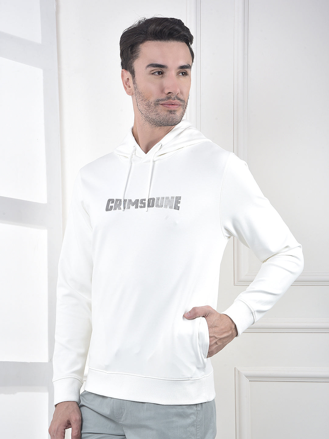 Off White Embroidered Hooded Neck Sweatshirt
