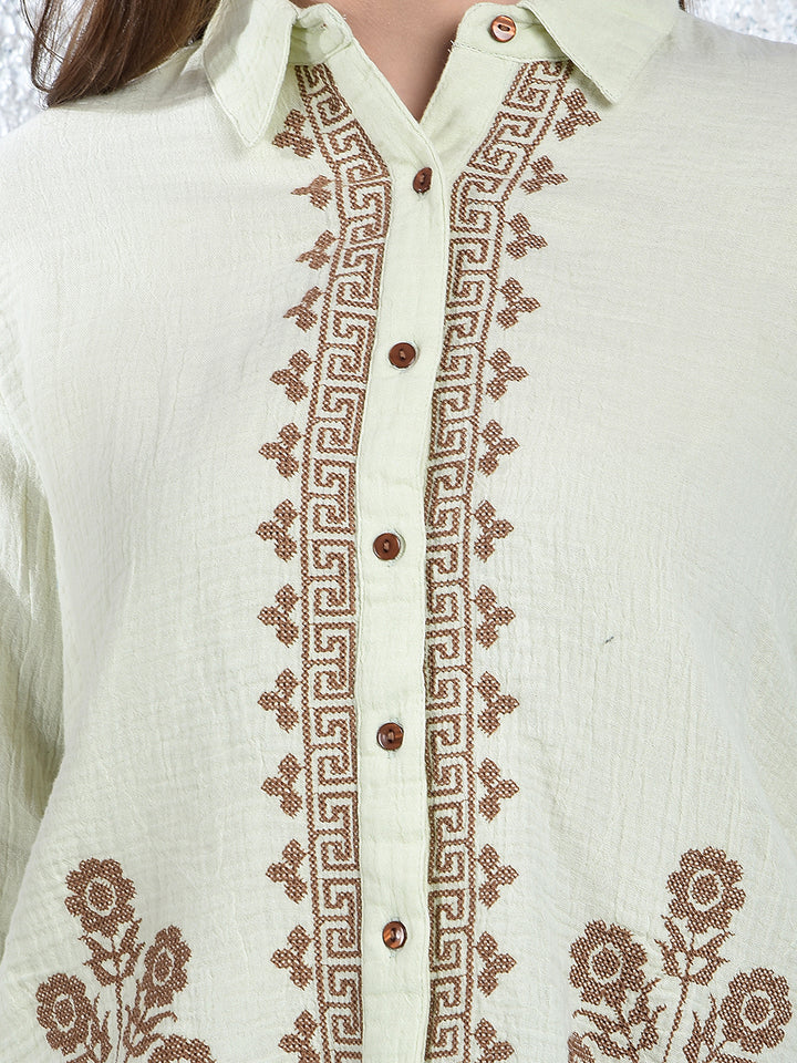 Green Embroidered 100% Cotton Shirt