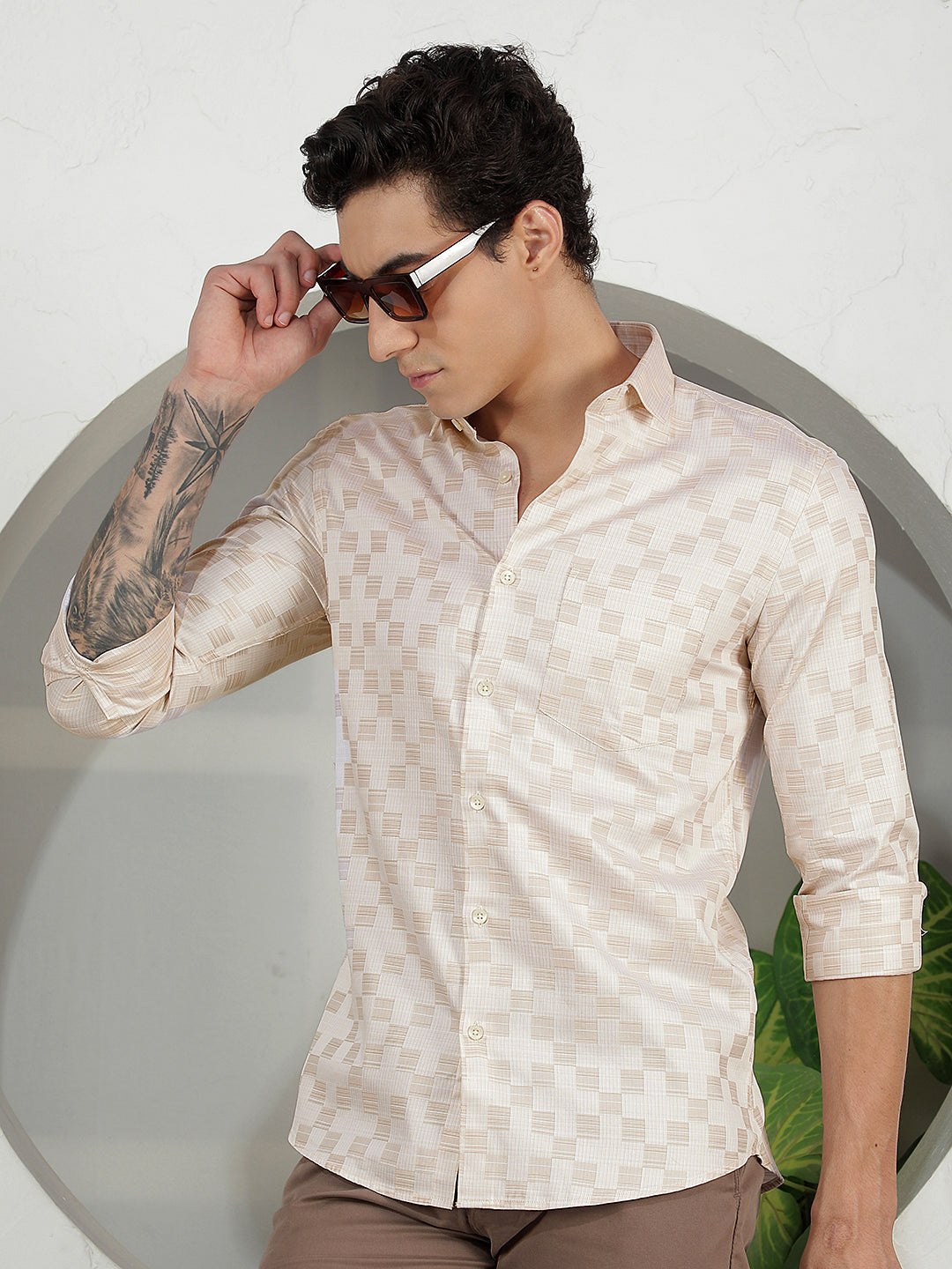 Beige Checked 100% Cotton Shirt