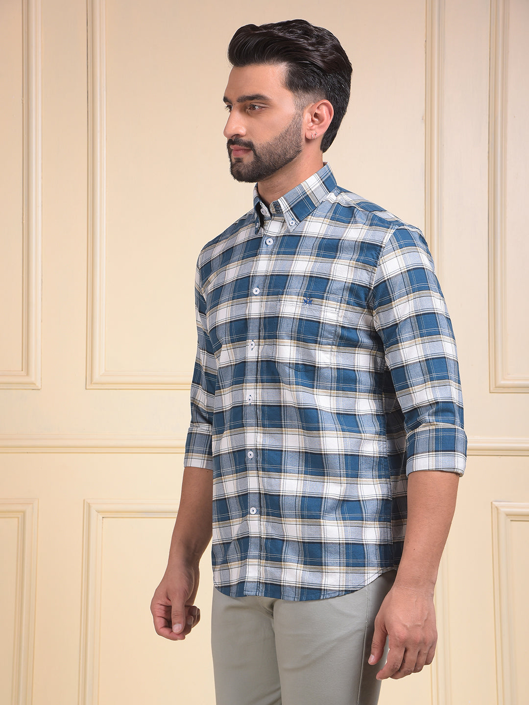 Green Checked Button-Down Collar 100% Cotton Shirt
