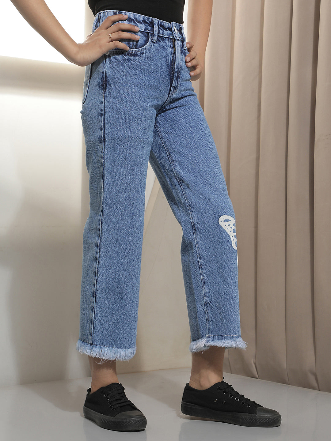 Blue Graphic Print 100% cotton Wide Leg Jeans