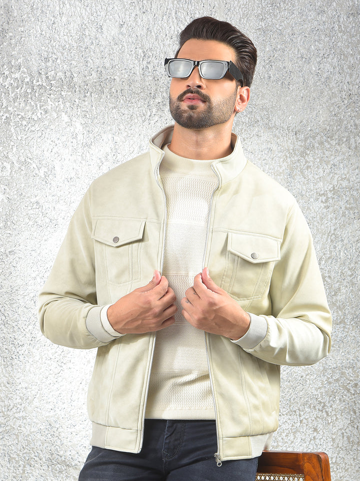 Cream Knit-Panel Casual Jacket