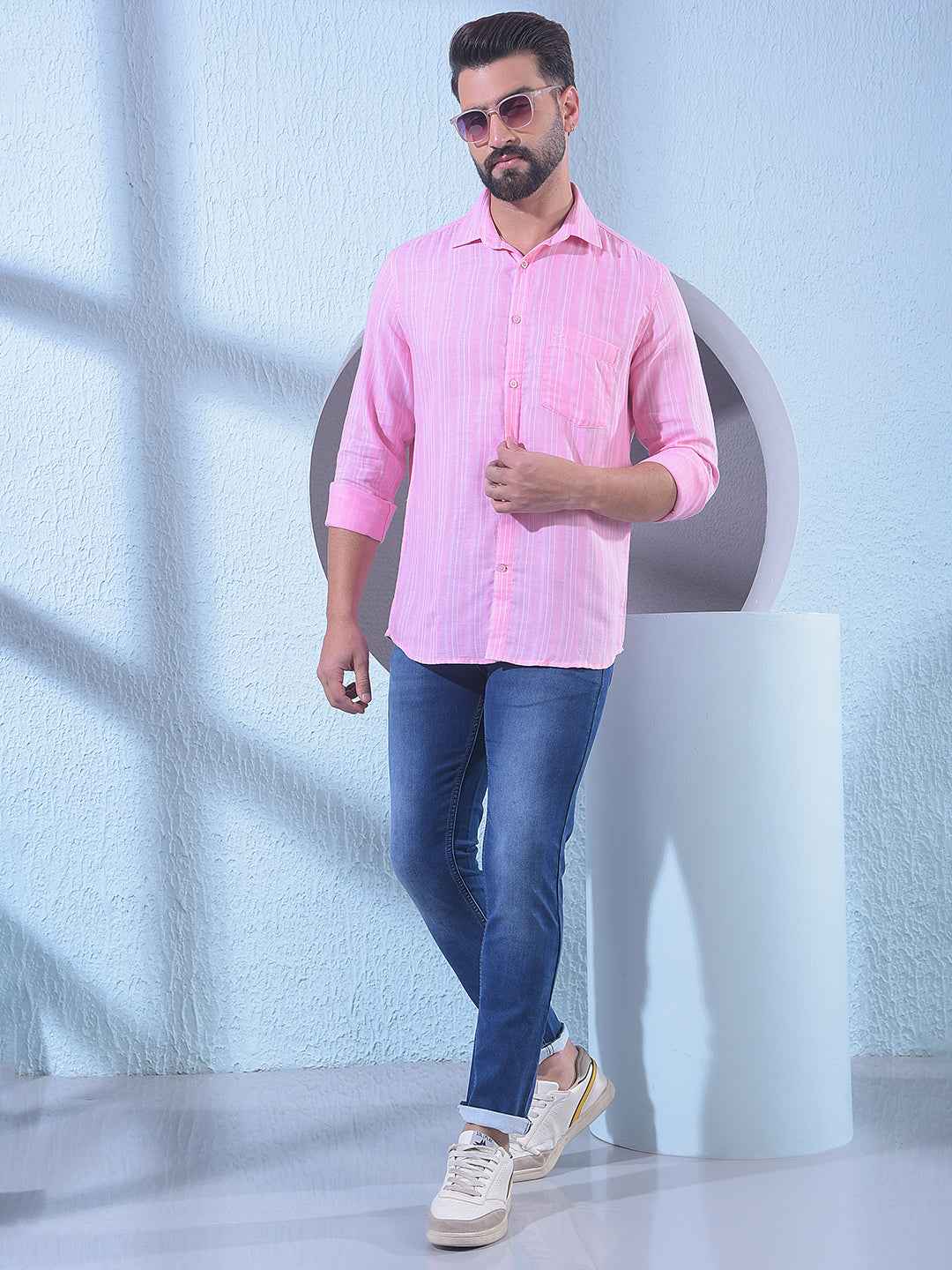 Pink 100% Cotton Vertical Stripes Shirt