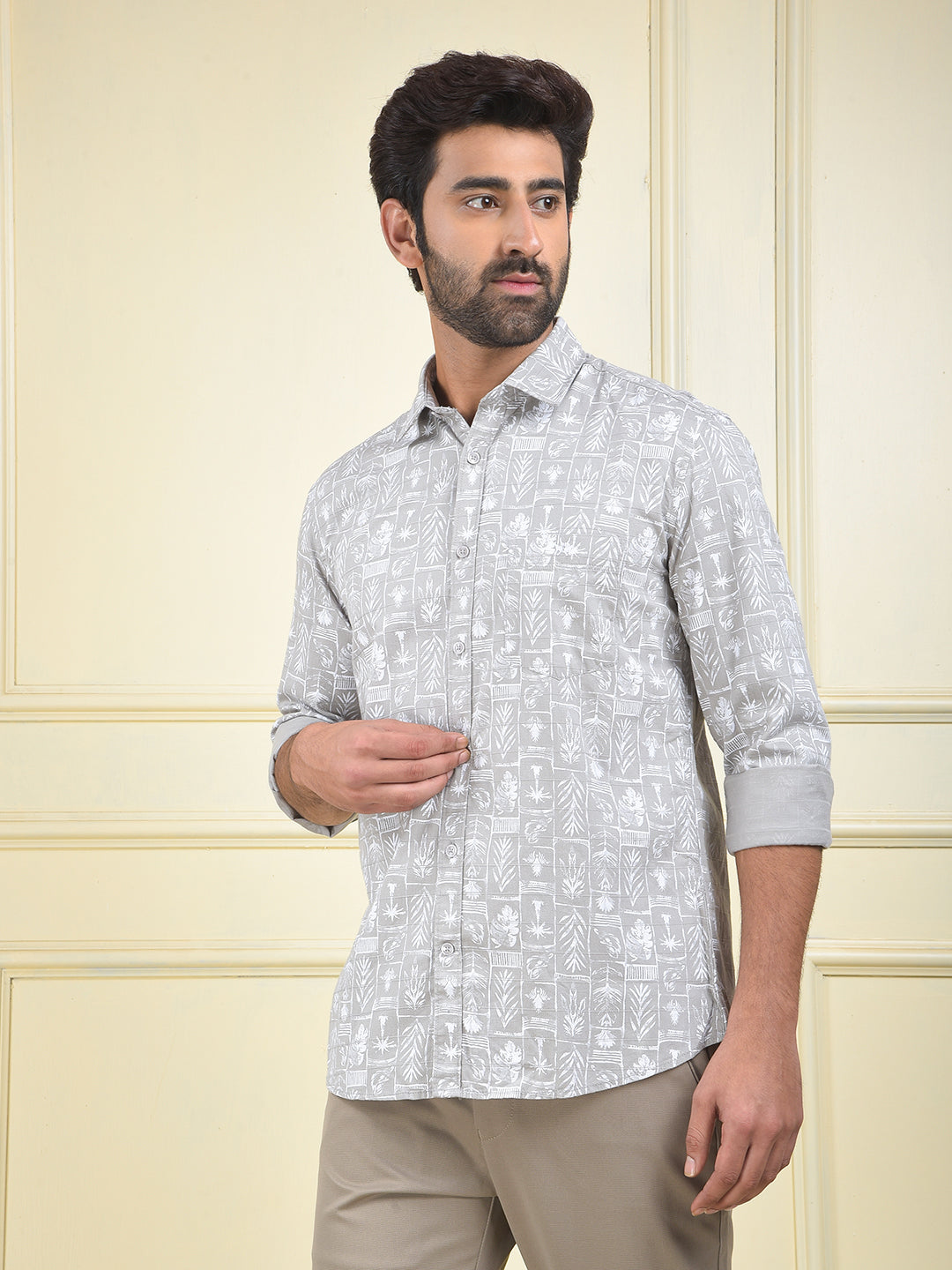 Grey Floral Print 100% Cotton Shirt