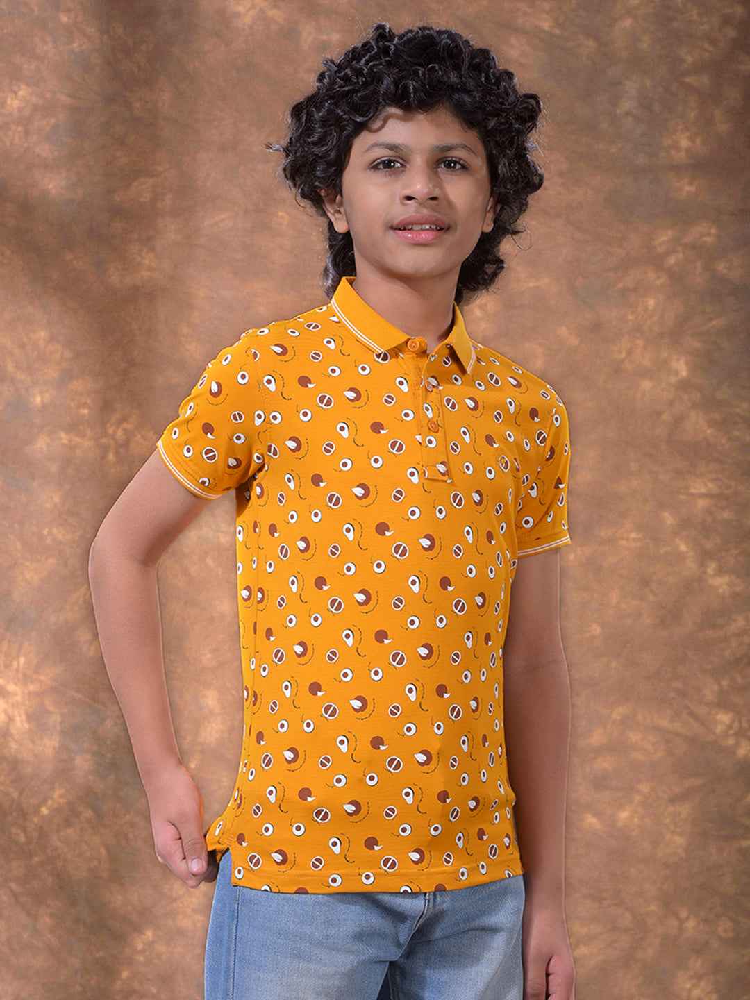 Mustard Printed Polo Neck T-Shirt