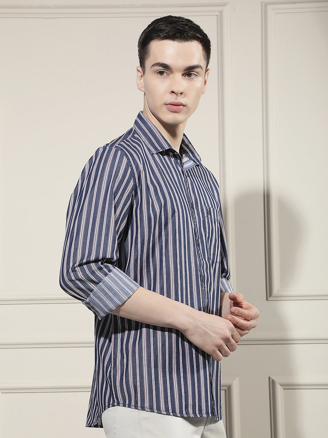 Navy Blue Vertical Stripes 100% Cotton Shirt