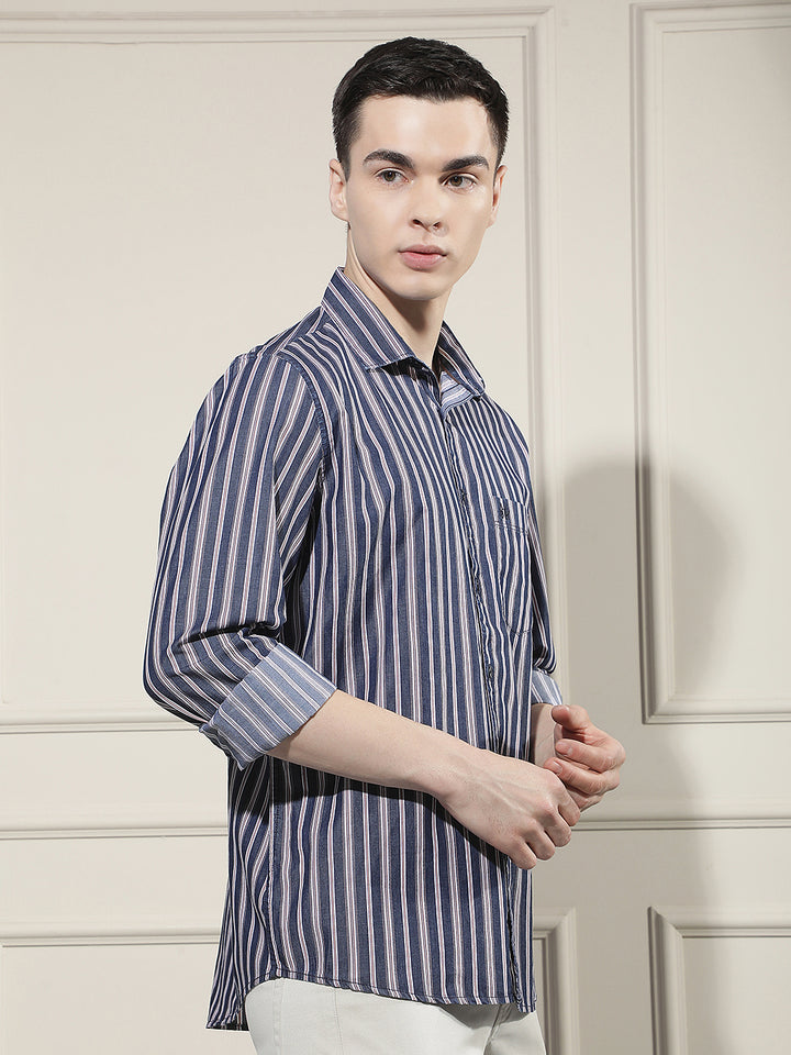 Navy Blue Vertical Stripes 100% Cotton Shirt