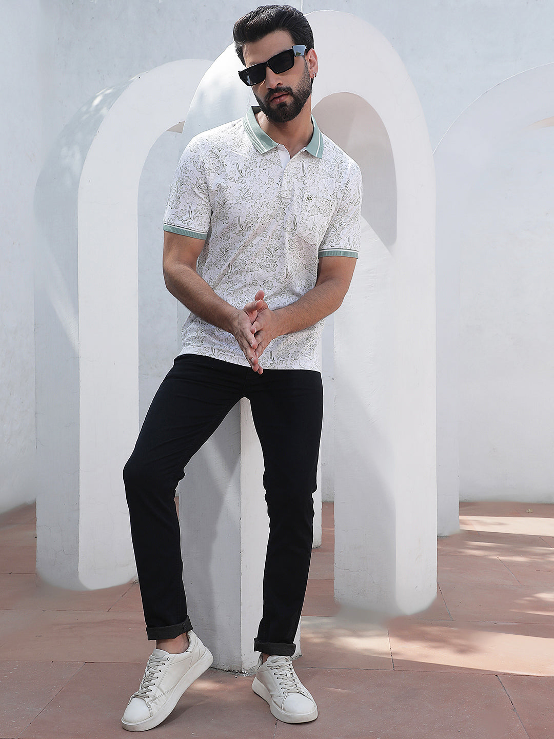 Green Floral Print Polo Neck T-Shirt
