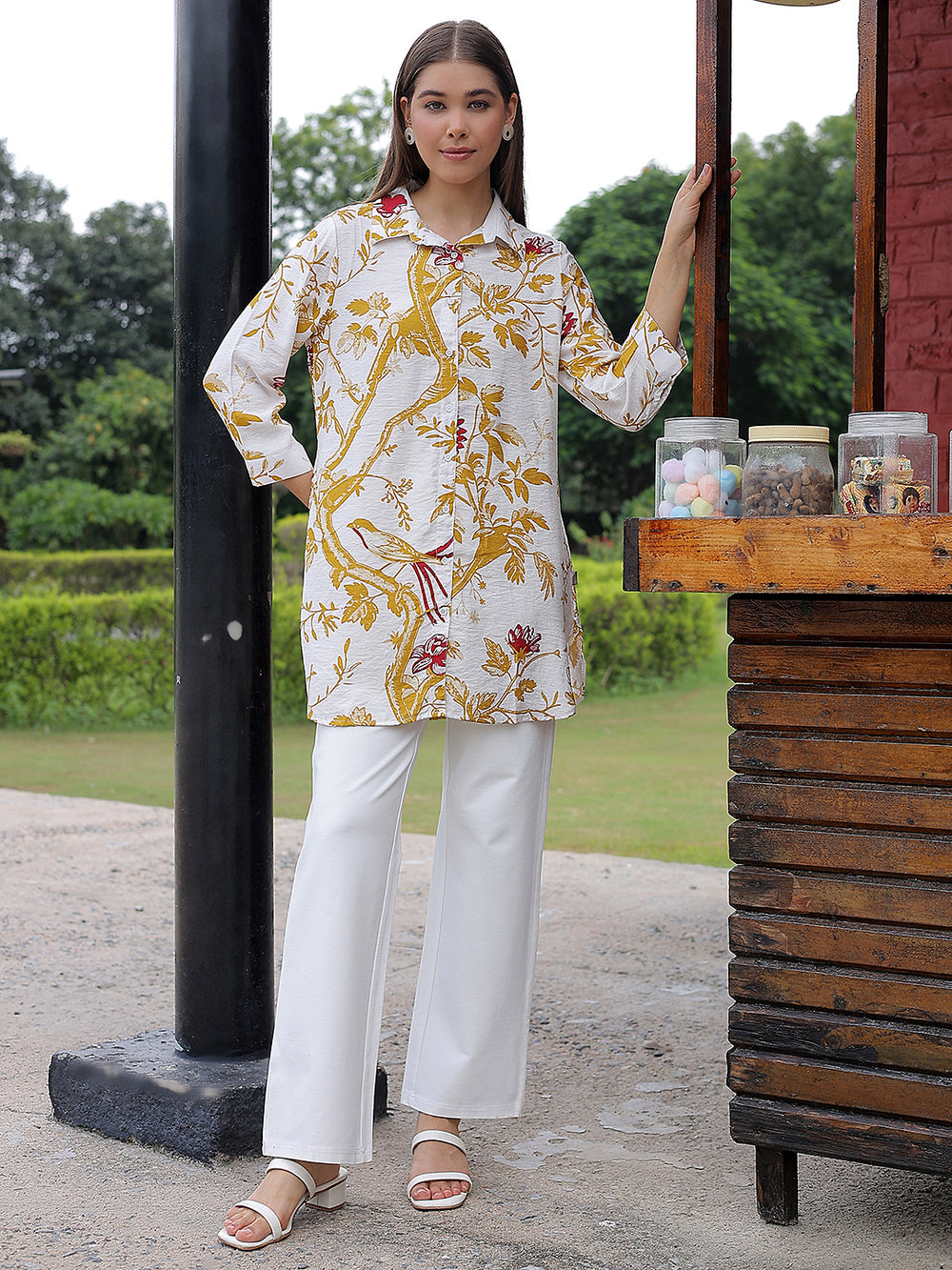 Mustard Floral Print Mid-Thigh Length Shirt