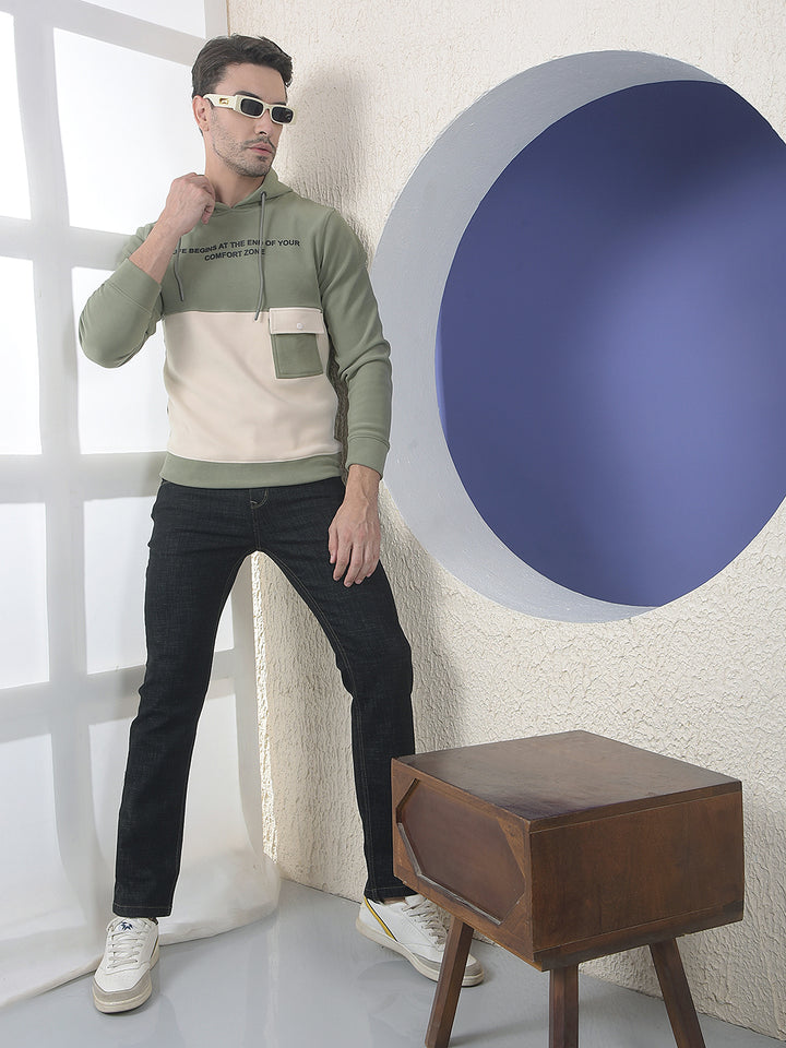 Olive Colourblocked Hooded Sweatshirt With Slogan Printed