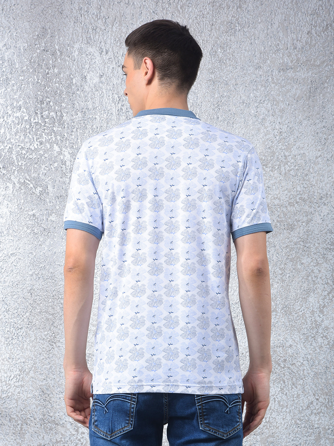 Blue Floral Print Polo Neck T-Shirt