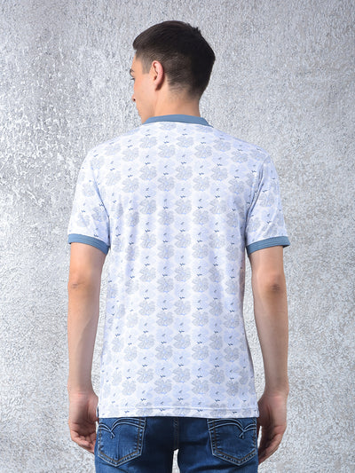 Blue Floral Print Polo Neck T-Shirt