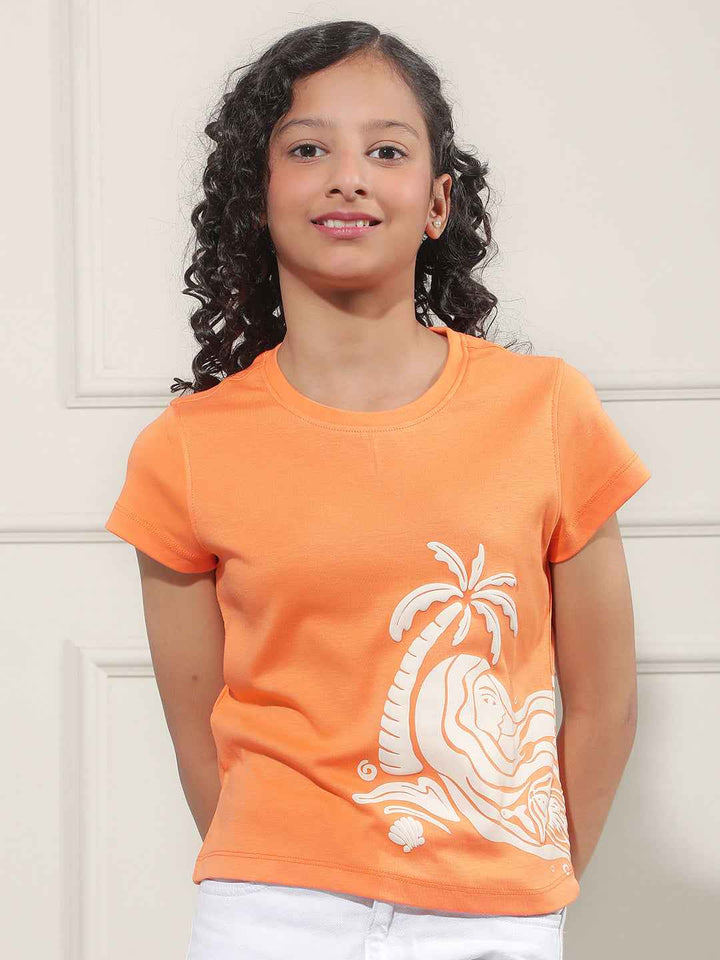 Orange Graphic Print Crop T-Shirt