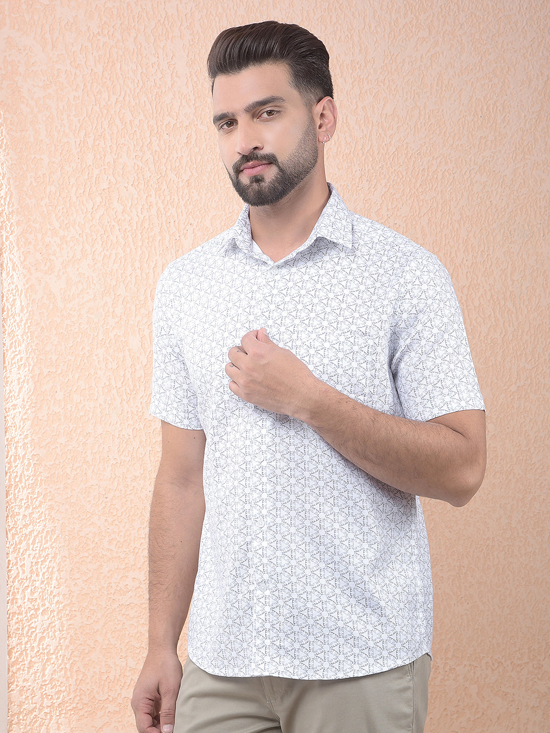 White Geo Motif Casual Shirt