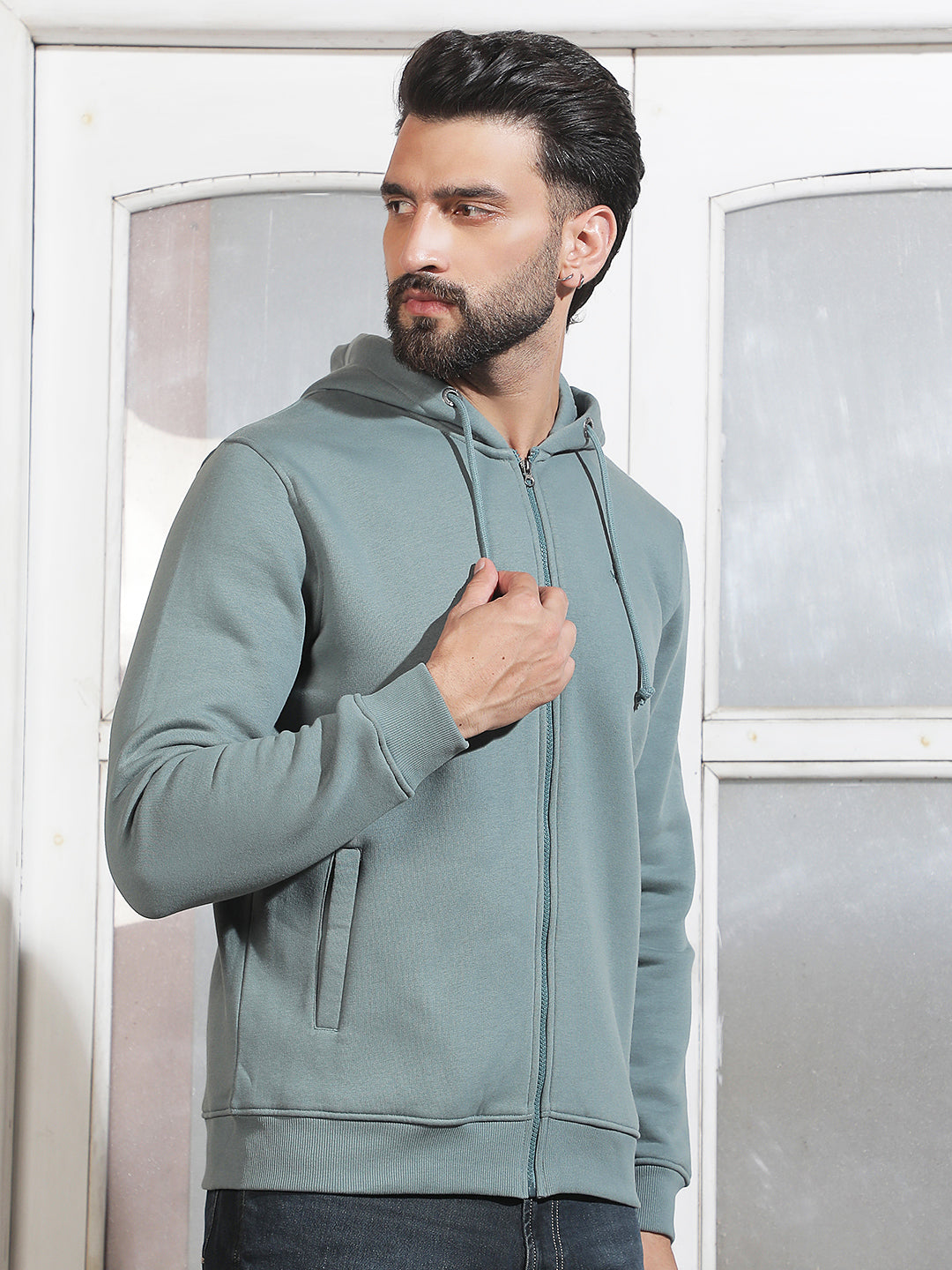 Green Hooded Neck Front Open Sweatshirt