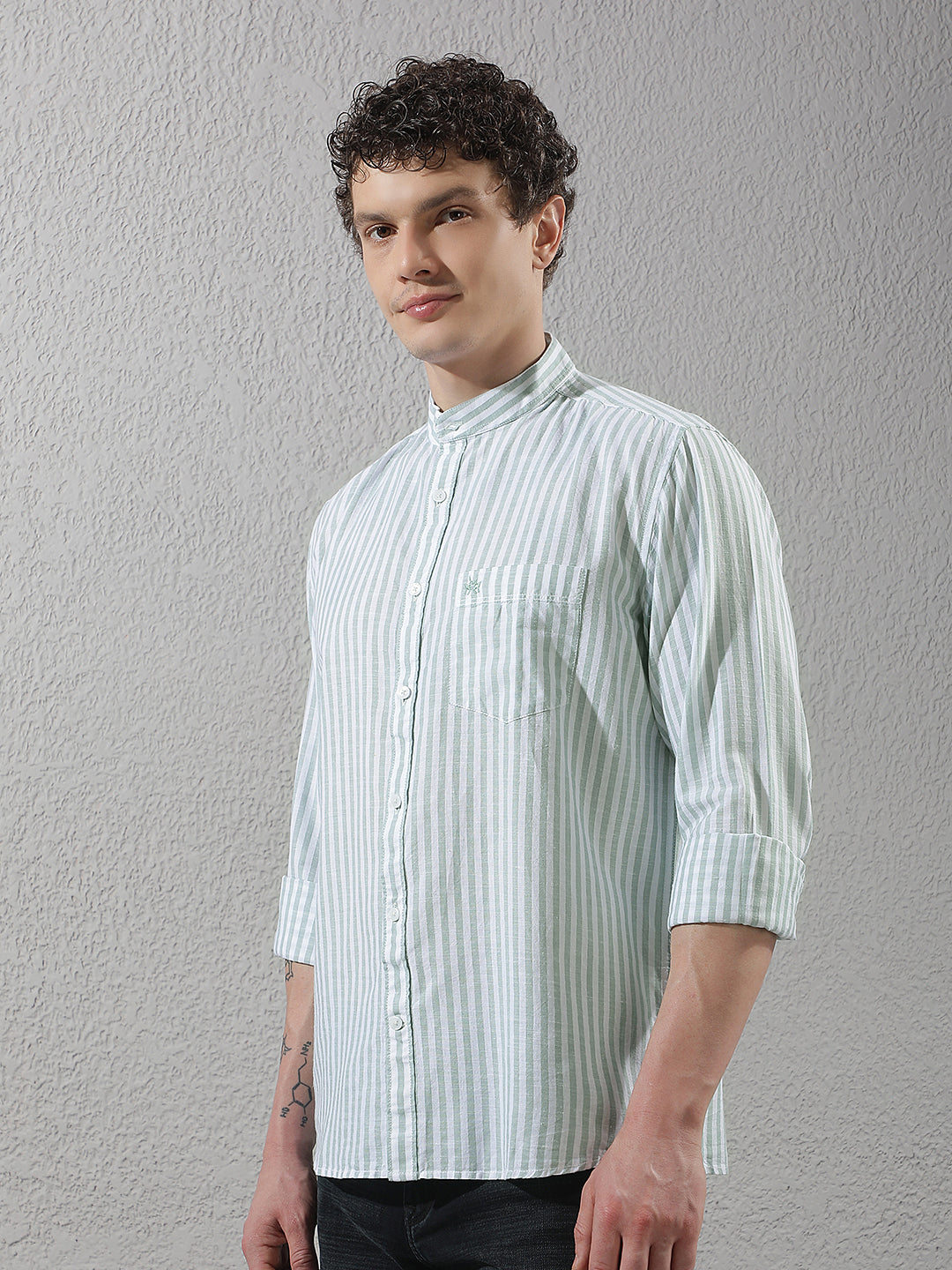 Green Linen Verical Stripes Shirt