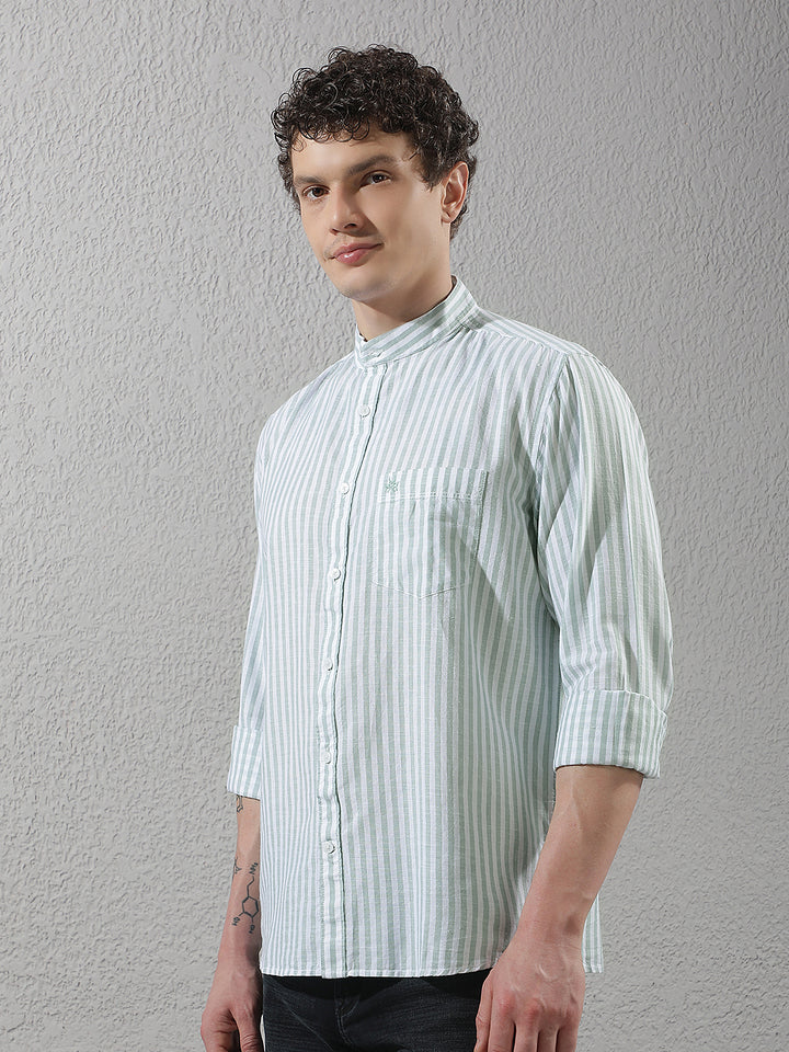 Green Linen Verical Stripes Shirt