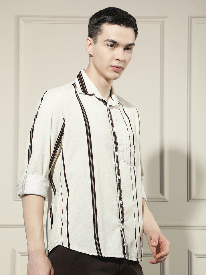 Brown Vertical Stripes 100% Cotton Corduroy Shirt