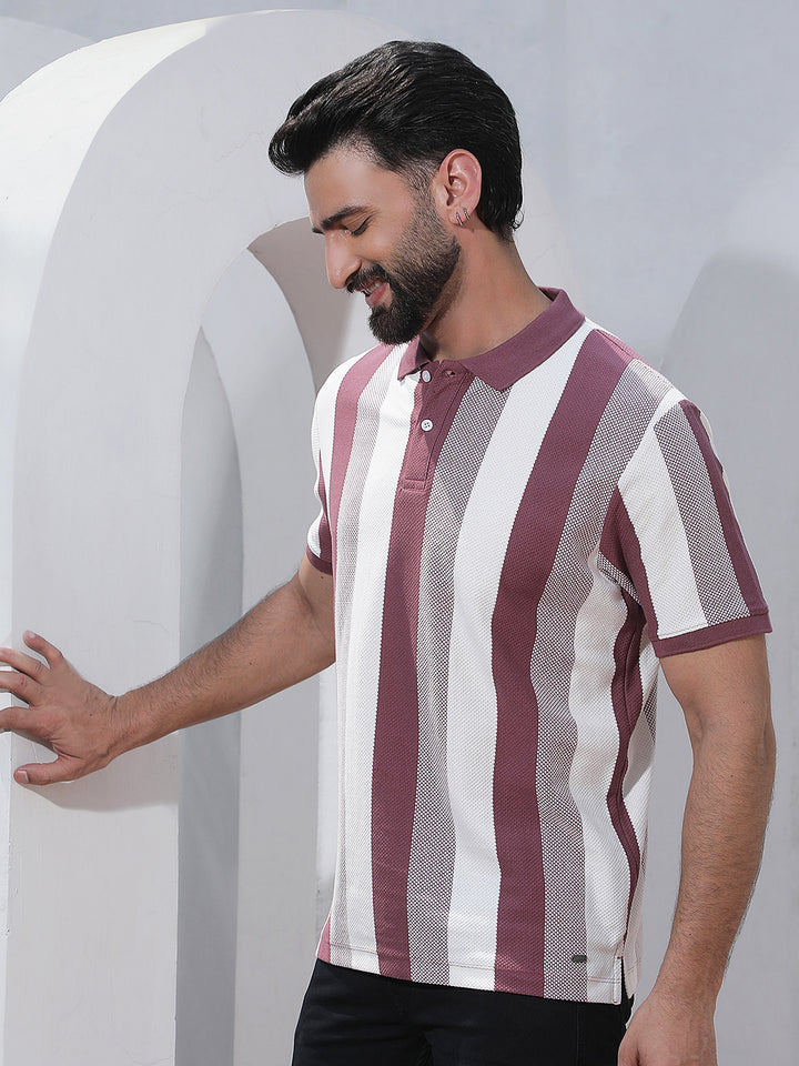Purple Vertical Striped Polo Neck T-Shirt