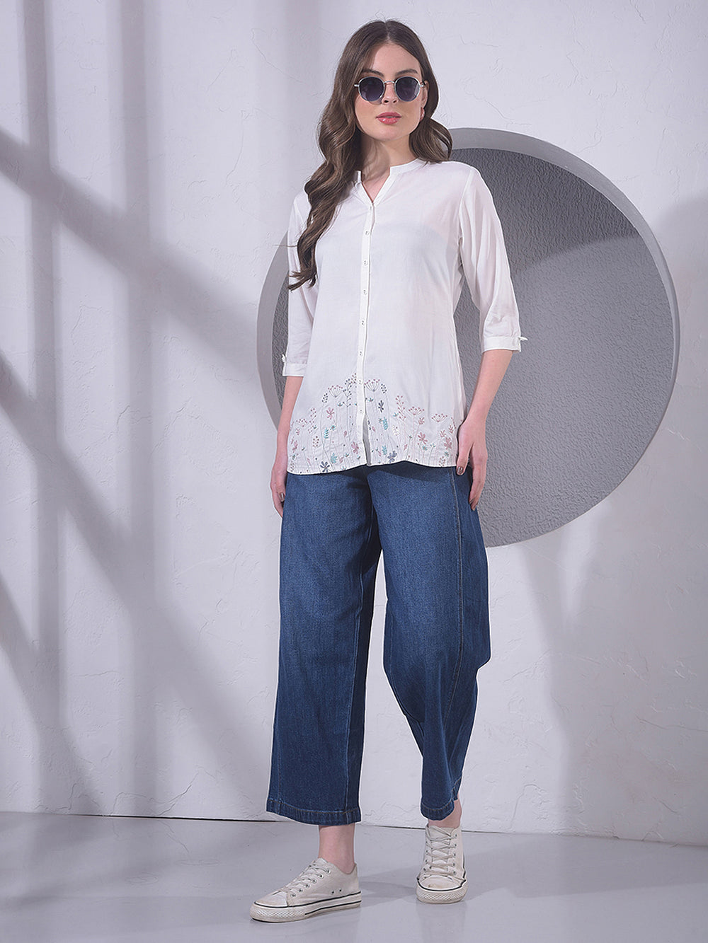 White Embroidered V-Neck Shirt