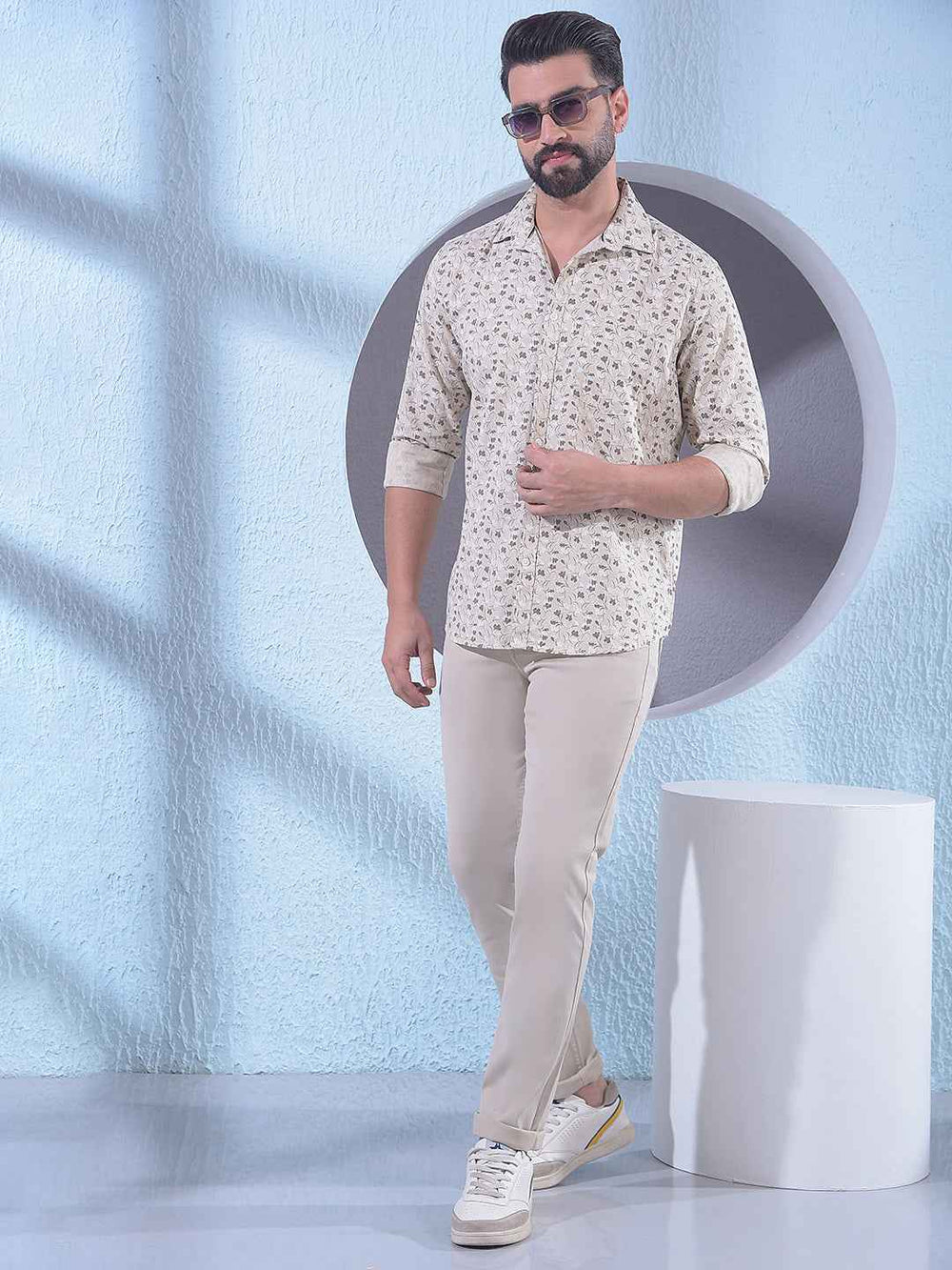 Beige Linen Floral Print Shirt