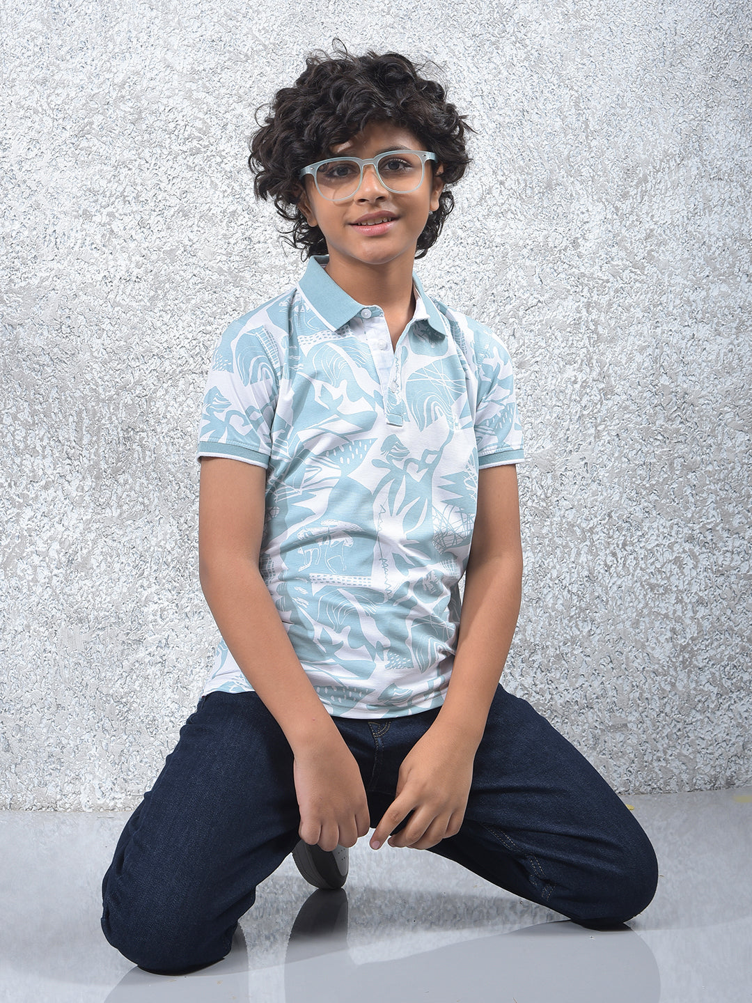 Blue Printed Polo Neck T-Shirt