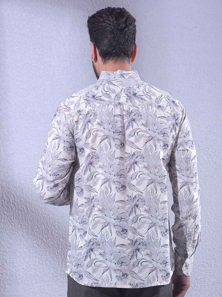 Purple Floral Print Linen Kurta