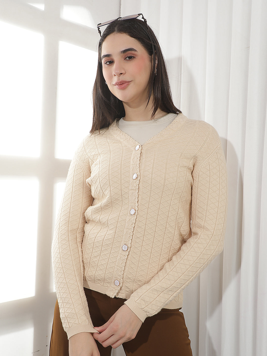 Beige Jacquard V-neck Cardigan