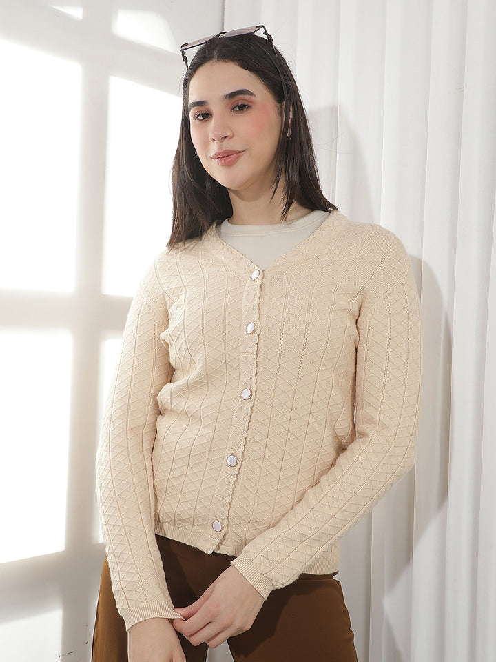 Beige Jacquard V-neck Cardigan
