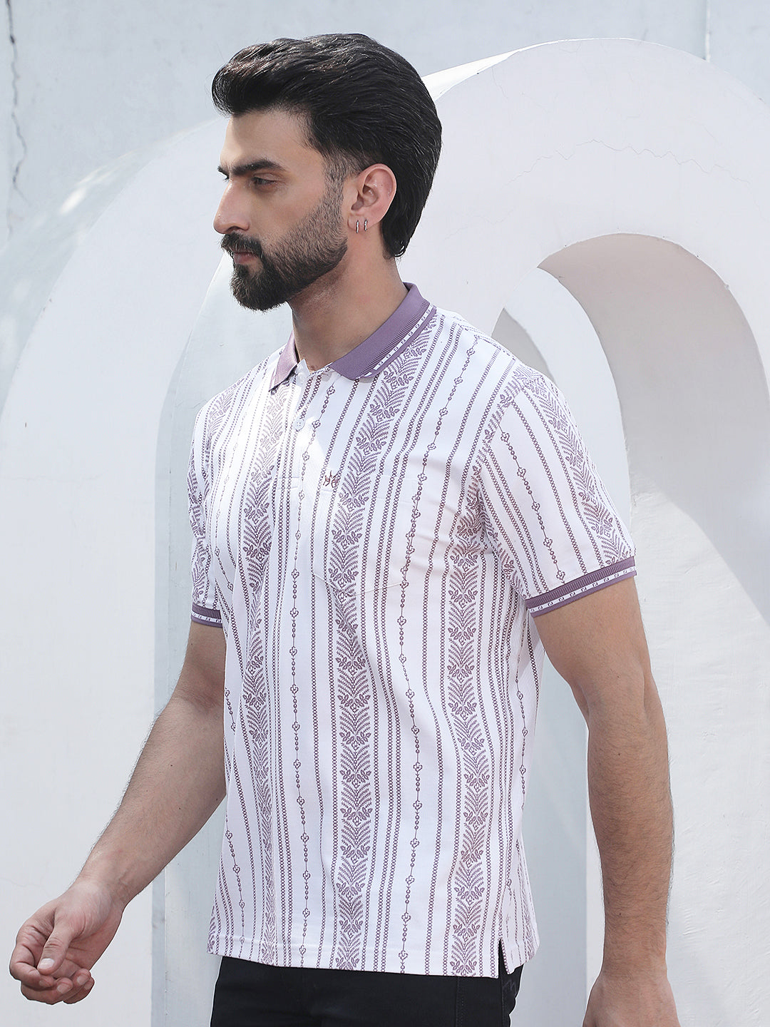 Purple Botanical Print Polo Neck T-Shirt