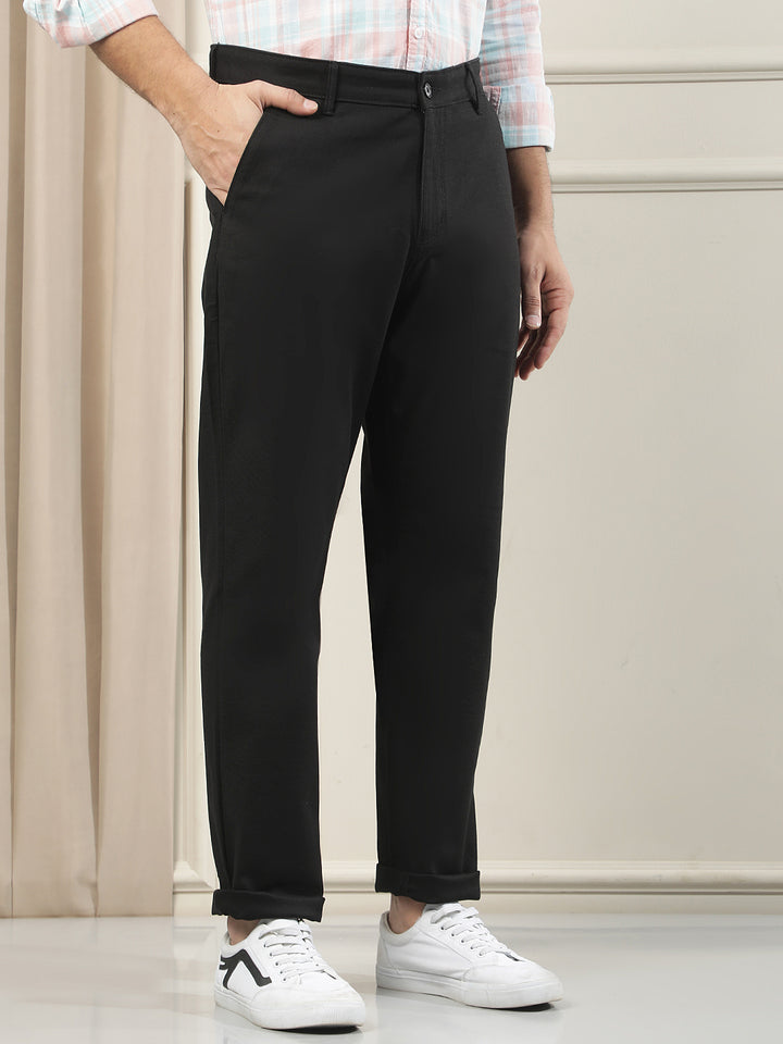 Black Cotton Stretchable Dobby Trousers
