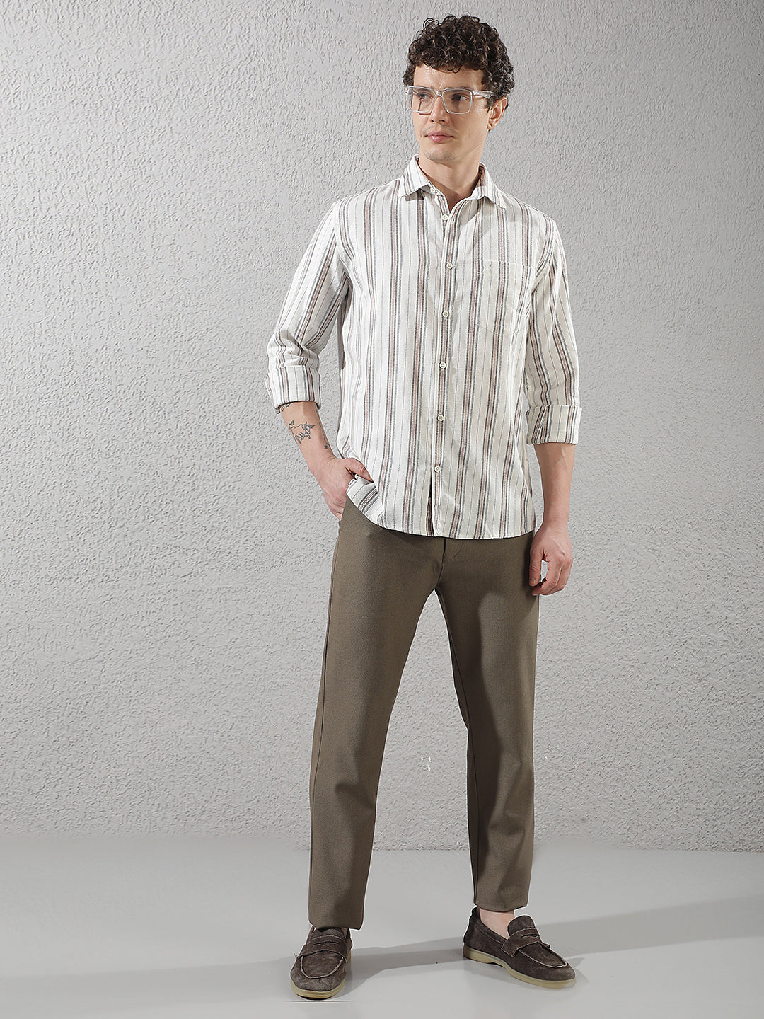 Structured Sand Beige Printed Trousers