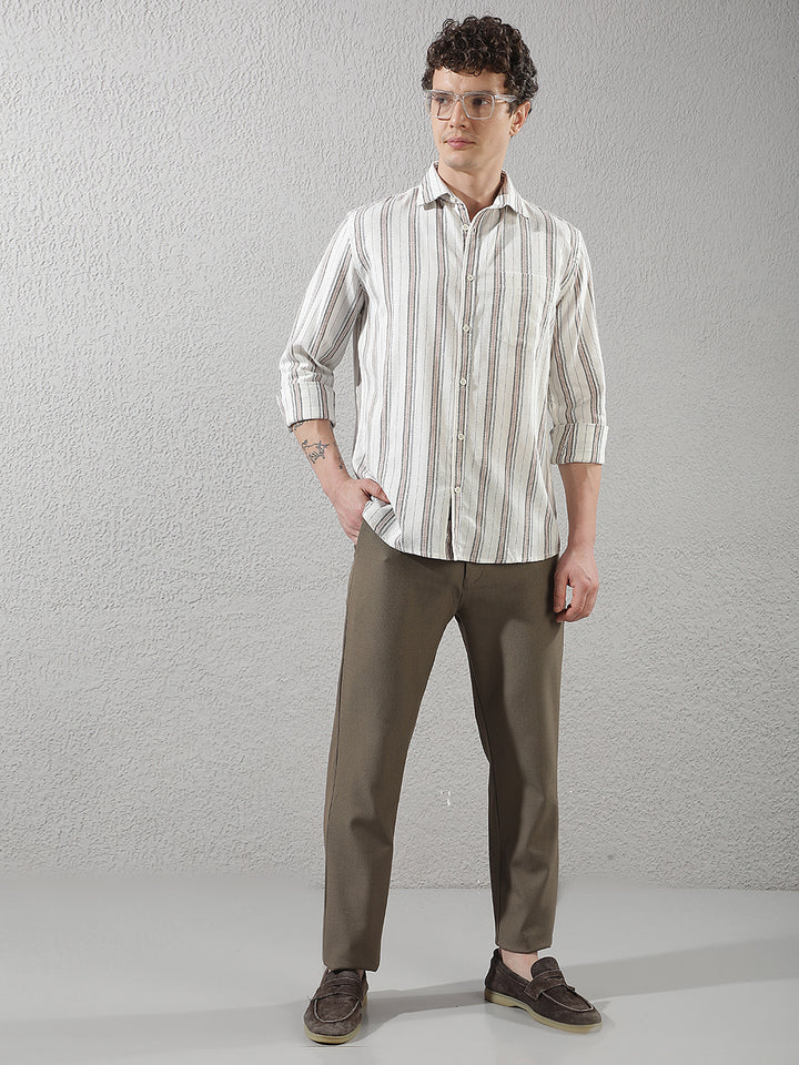 Structured Sand Beige Printed Trousers