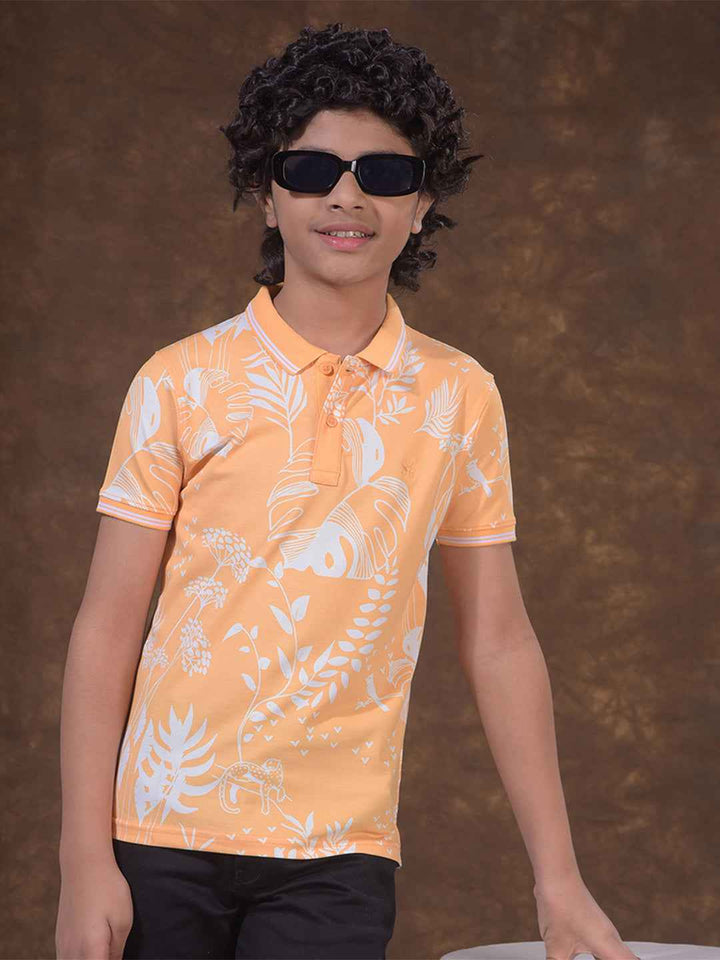 Peach Floral Print Polo Neck T-Shirt