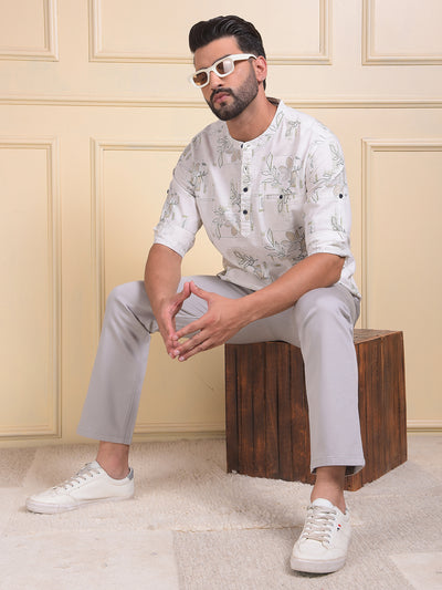 Off White Floral Print Kurta