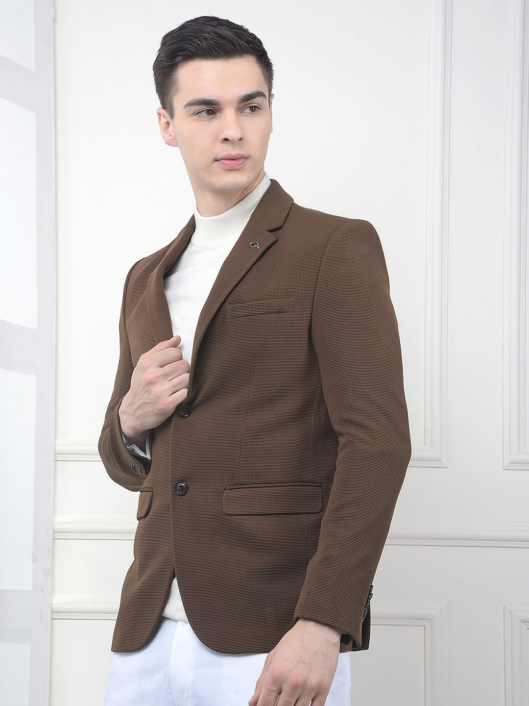 Brown Textured Notched Lapel Single Breasted Blazer