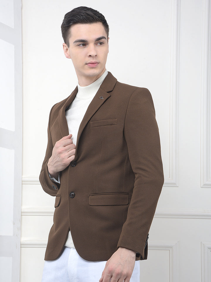 Brown Textured Notched Lapel Single Breasted Blazer